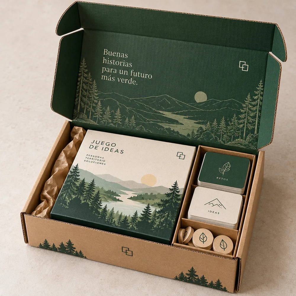 Caja postal de cartón para kits de juego: visualización de ejemplo de fabricación con marca propia