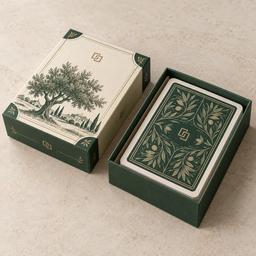 Caja rígida compacta para cartas: visualización de ejemplo de fabricación con marca propia