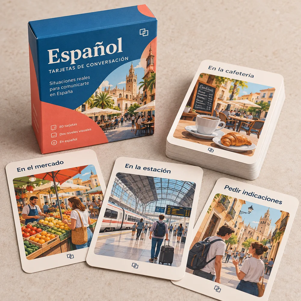 Cartas de conversación para aprendizaje de idiomas: visualización de ejemplo de fabricación con marca propia