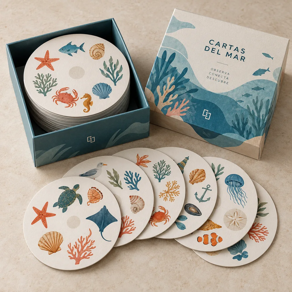 Cartas redondas personalizadas: visualización de ejemplo de fabricación con marca propia