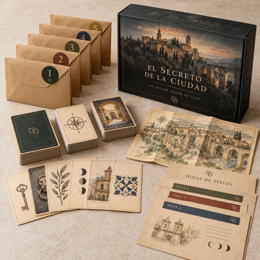 Escape room de sobremesa en caja: visualización de ejemplo de fabricación con marca propia