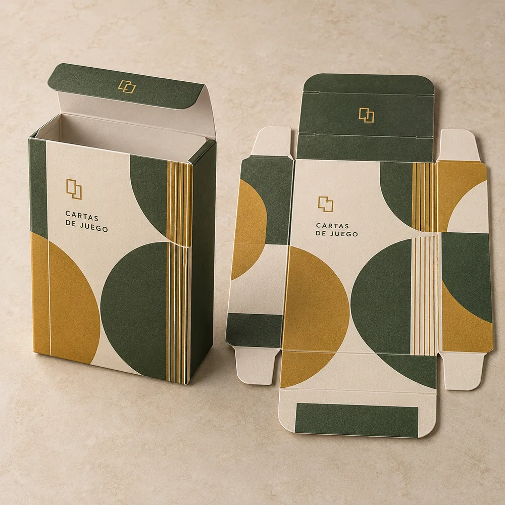Estuche plegable para barajas personalizadas: visualización de ejemplo de fabricación con marca propia