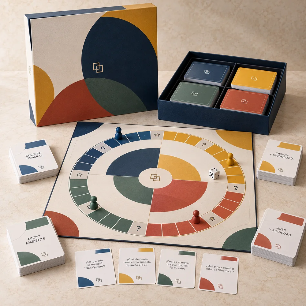 Juego de mesa corporativo de preguntas: visualización de ejemplo de fabricación con marca propia
