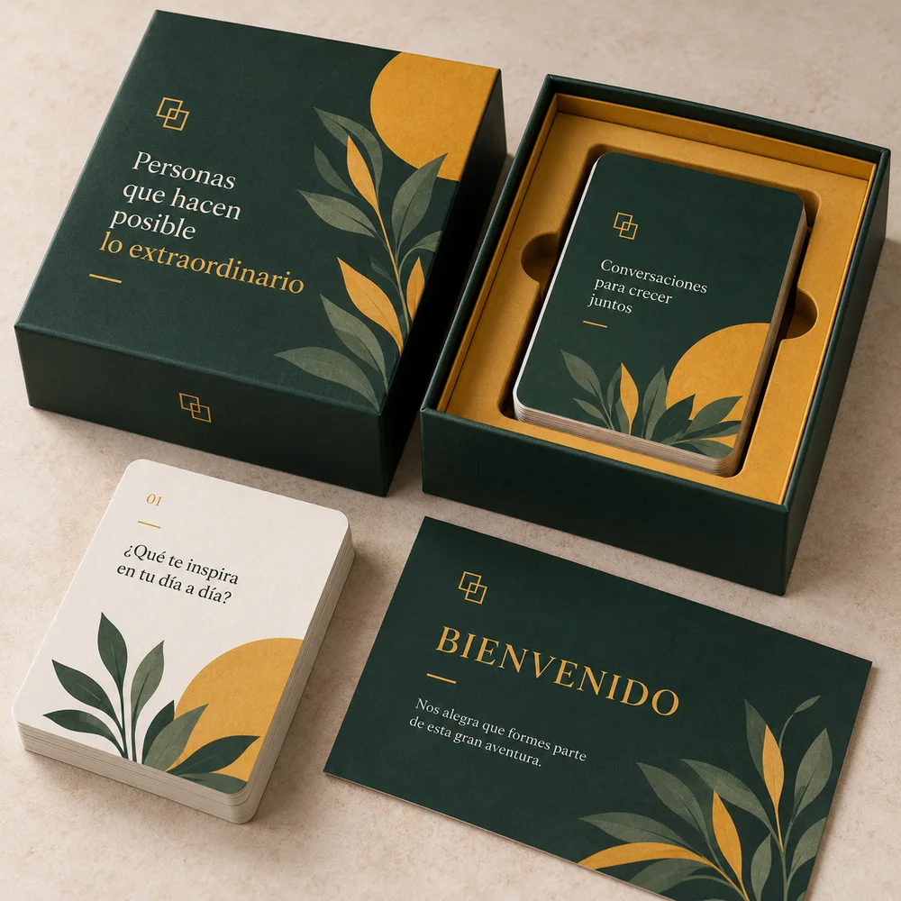 Kit de bienvenida corporativo con juego de cartas: visualización de ejemplo de fabricación con marca propia
