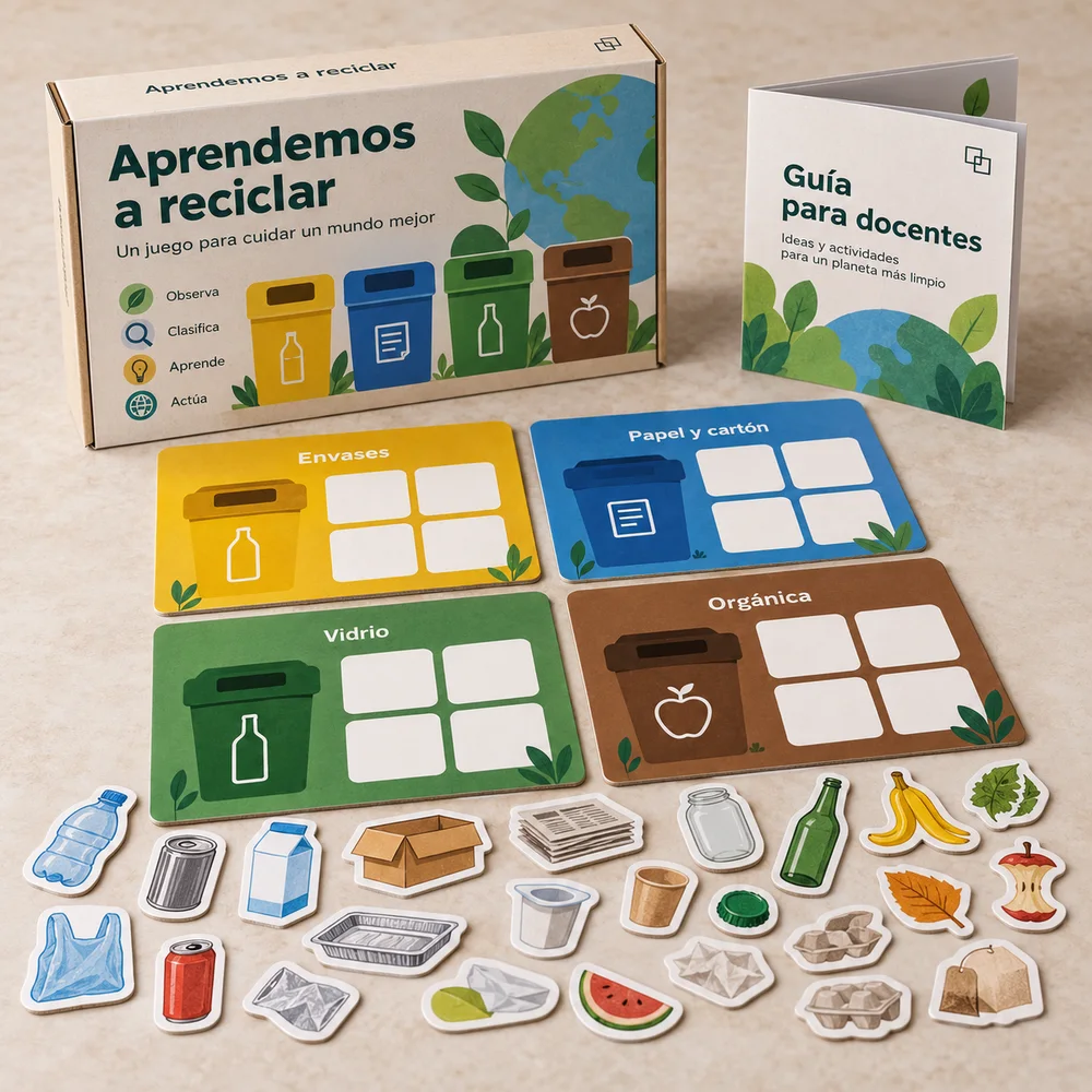Kit educativo de reciclaje en cartón: visualización de ejemplo de fabricación con marca propia