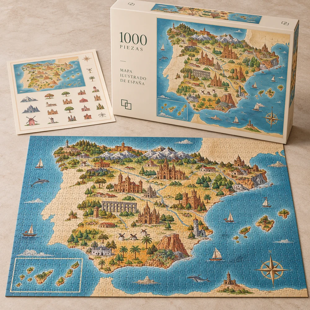 Puzzle de mapa ilustrado personalizado: visualización de ejemplo de fabricación con marca propia