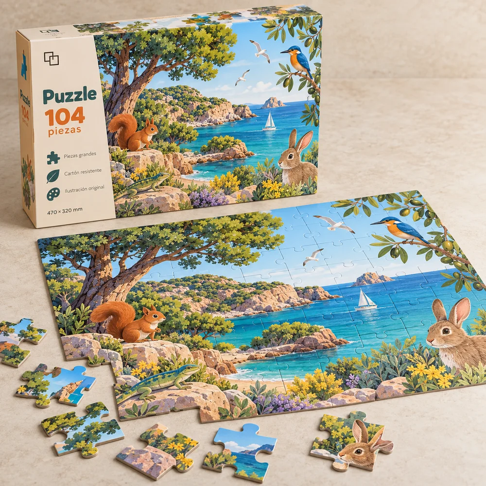 Puzzle infantil personalizado de 104 piezas: visualización de ejemplo de fabricación con marca propia